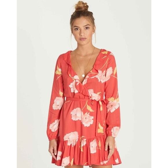 BILLABONG Ruffle Mini Floral Wrap Ruffle Dress Women Size Small - Picture 2 of 11